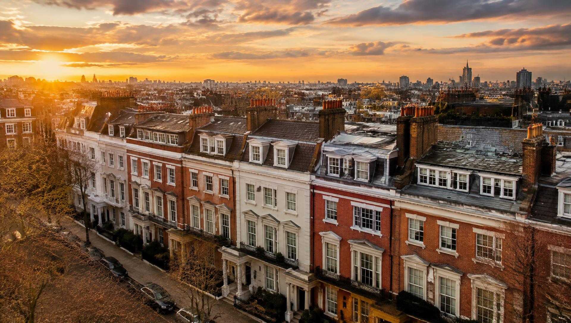 Rooftops of Chelsea townhouses at sunset