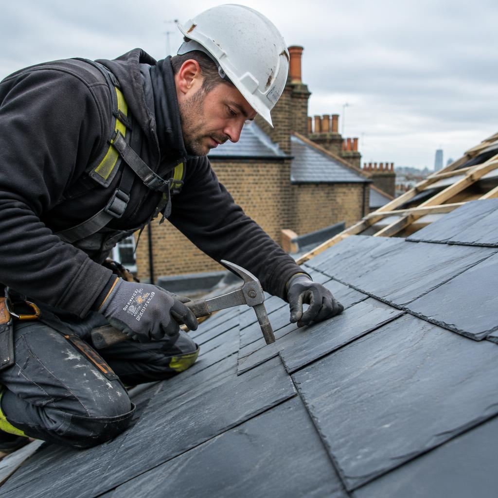 Roofer fitting natural slate tiles on a London roof